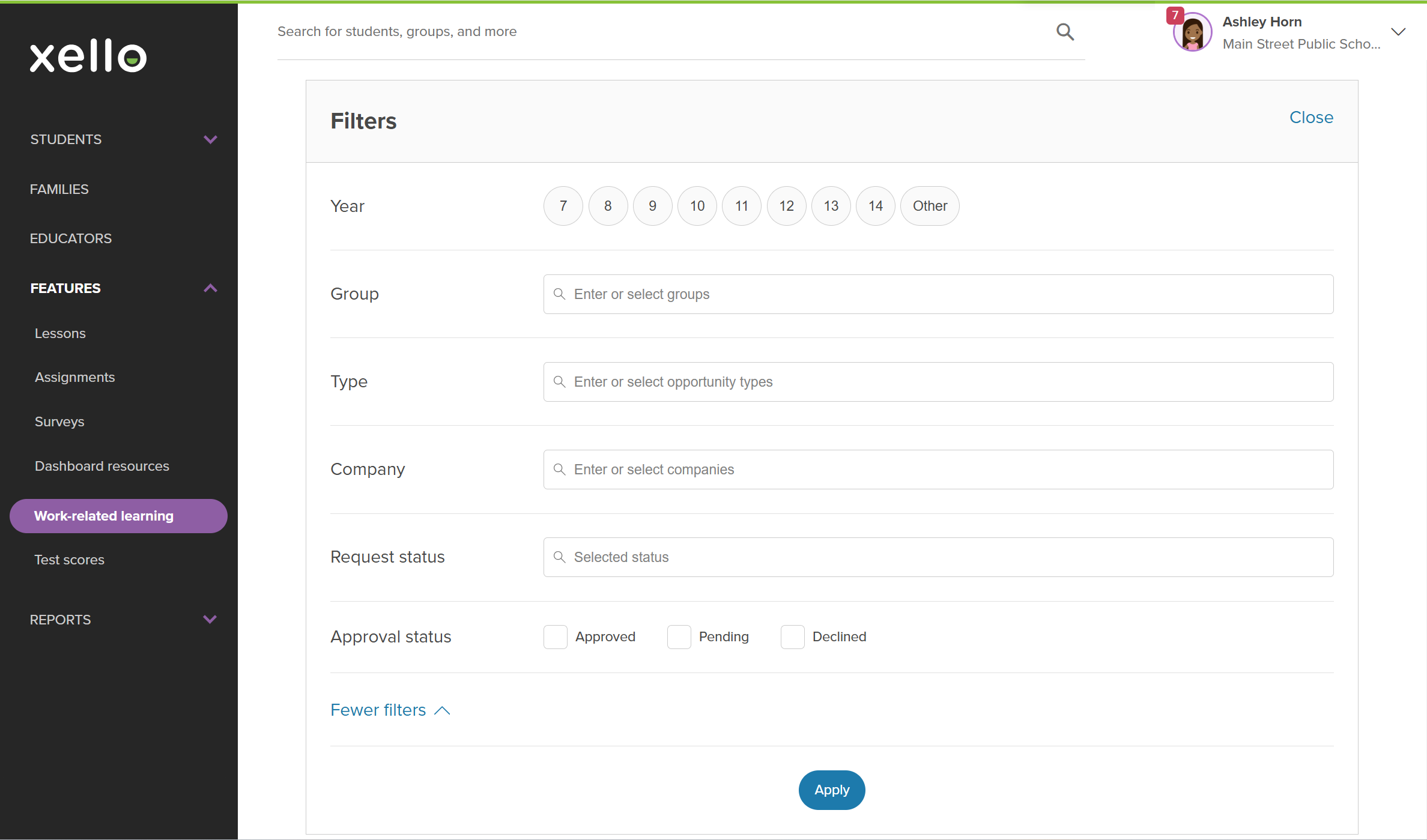 Filters modal. Filter options include grade, institution, type, company, request status, and approval status